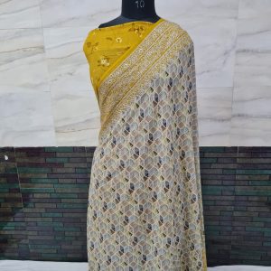 pure georgette banarasi chickankari work with digital print saree